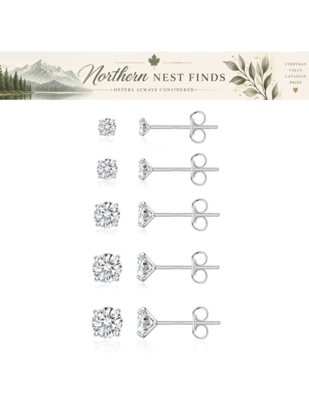 Sterling Silver Stud Earrings 925 Silver Cubic Zirconia Hypoallergenic Set